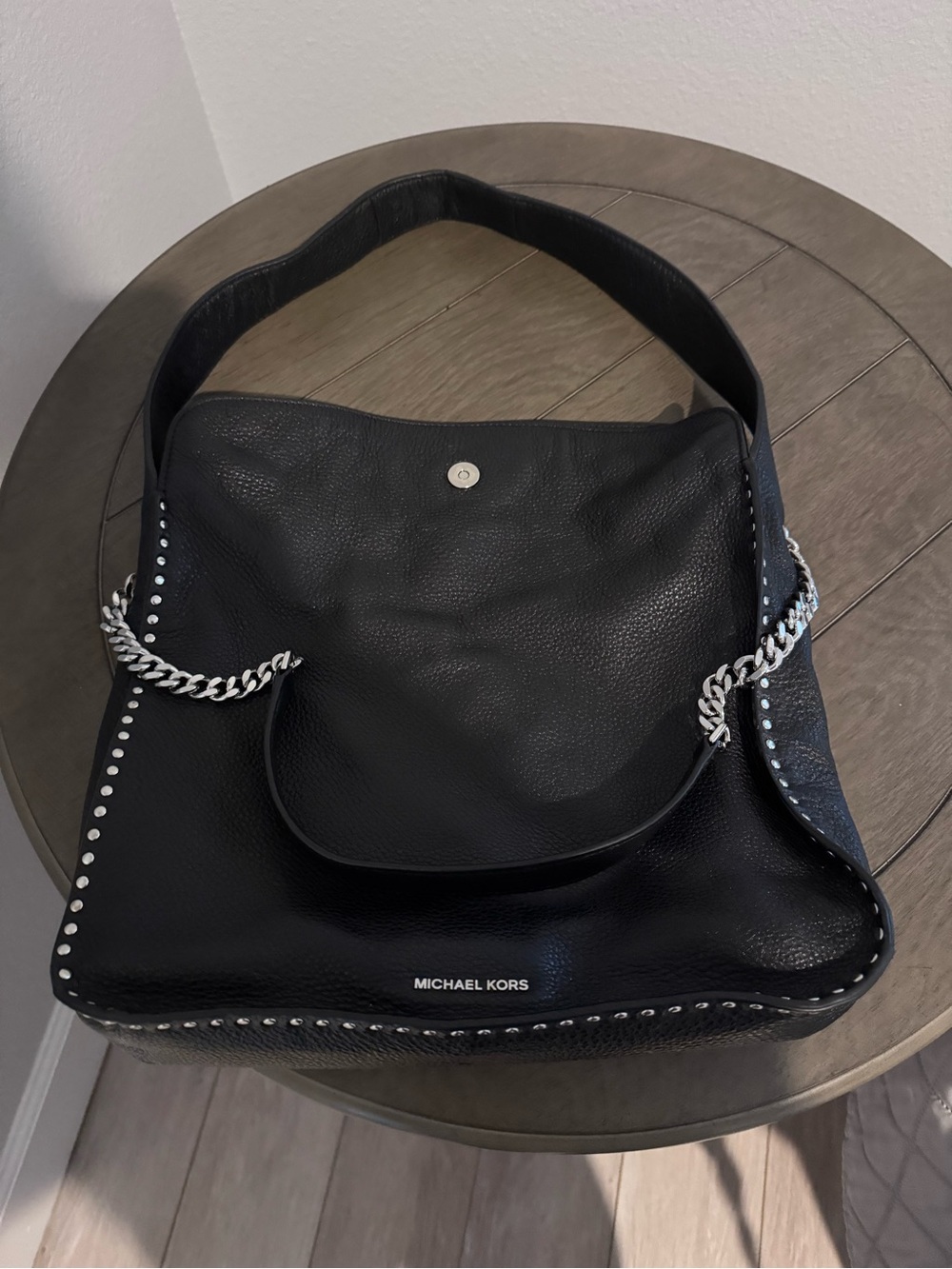 Michael Kors Black Pebble Leather Shoulder Bag with Silver Chain Trim